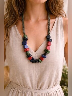 Vintage Boho Artisan Statement Necklace Handwoven Strand Chunky Wooden Beads